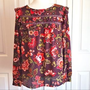LOFT Purple Multi Floral Print Ruffle Trim Long Sleeve Blouse Medium